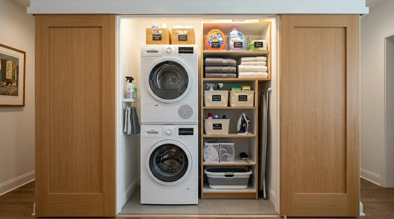 Organize shelves around the laundry routine inspiration for an organized laundry room.